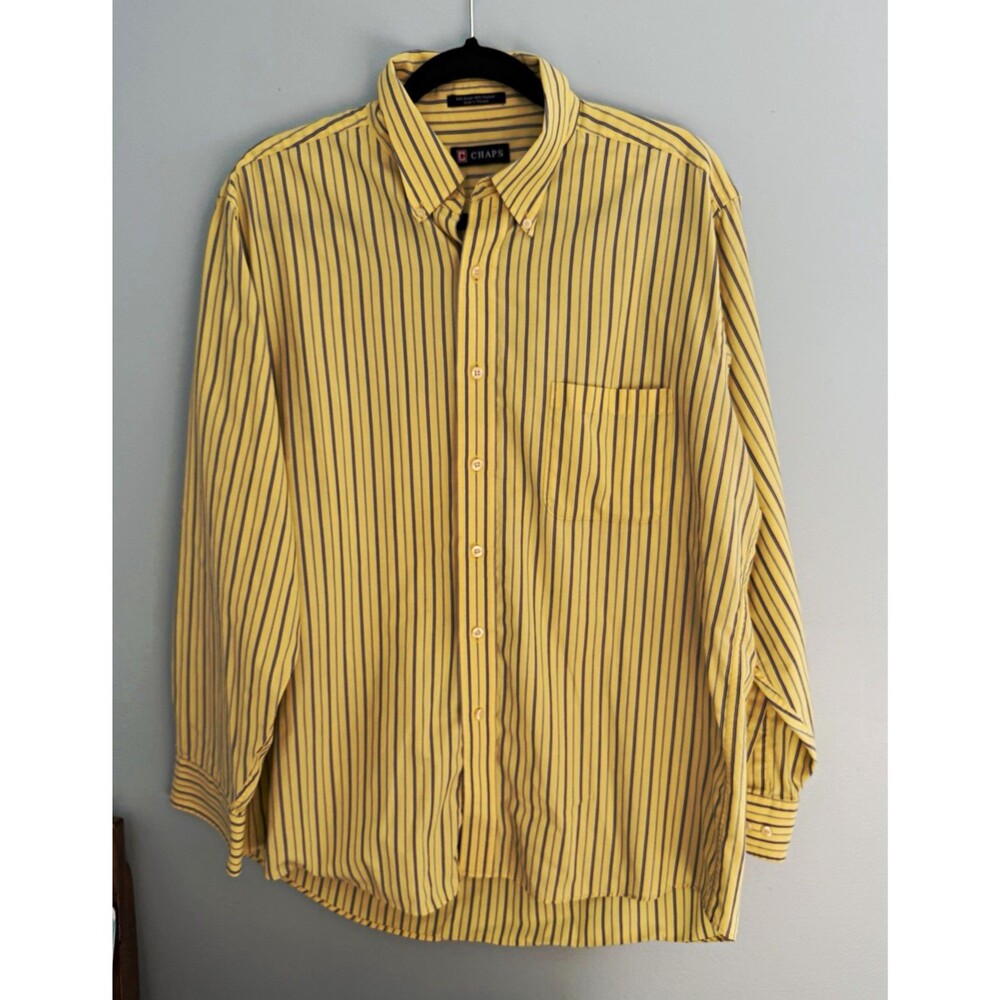 Chaps Vintage Striped Shirt Men L Yellow Blue Button Down Wrinkle Free Preppy L